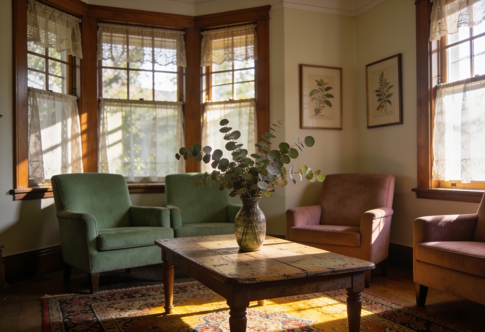 A sunlit, homely communal sitting room at The Willows, with soft armchairs, a worn timber table and native eucalyptus in warm afternoon light.