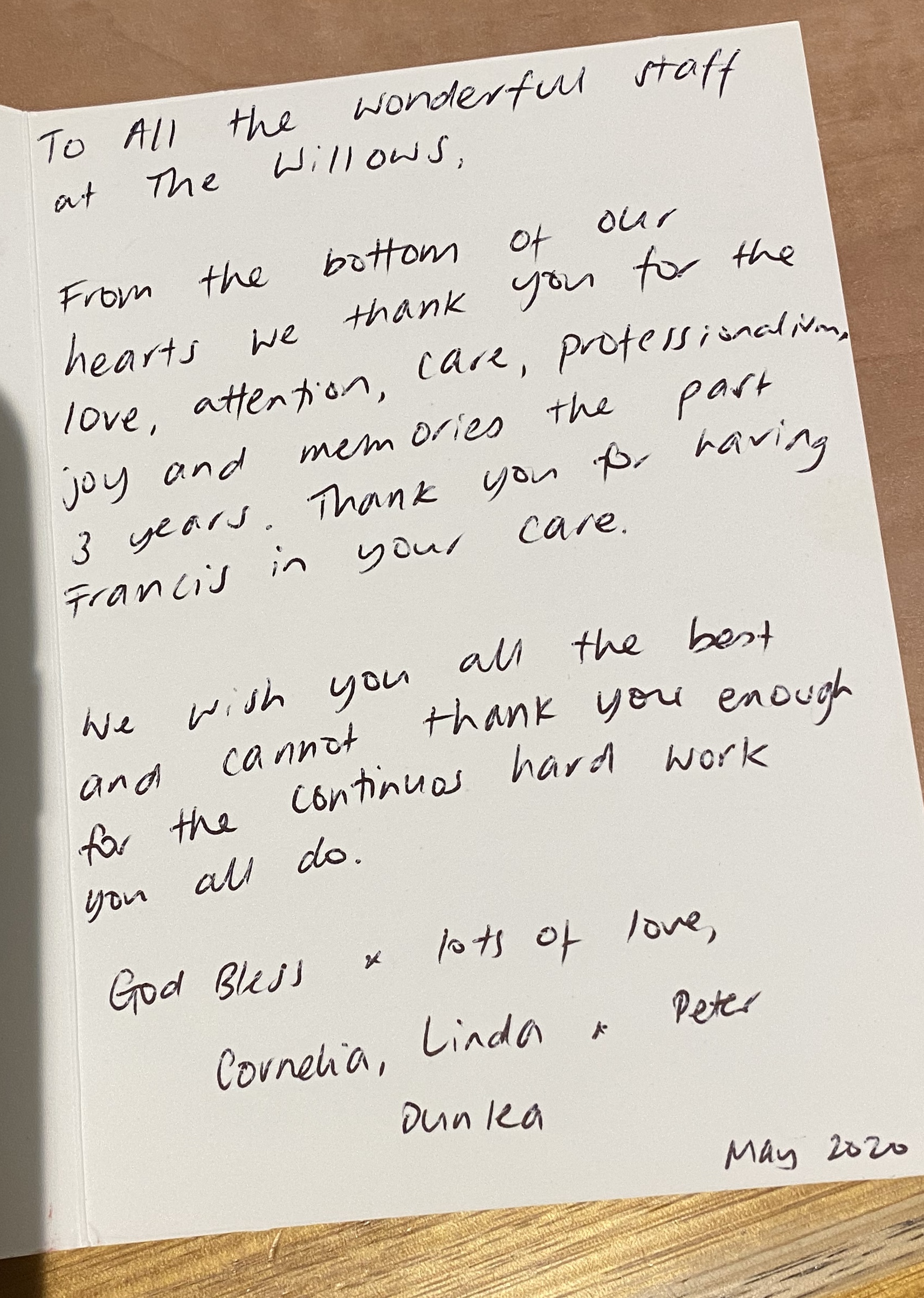 Image of Thank you card and message to the Willows.